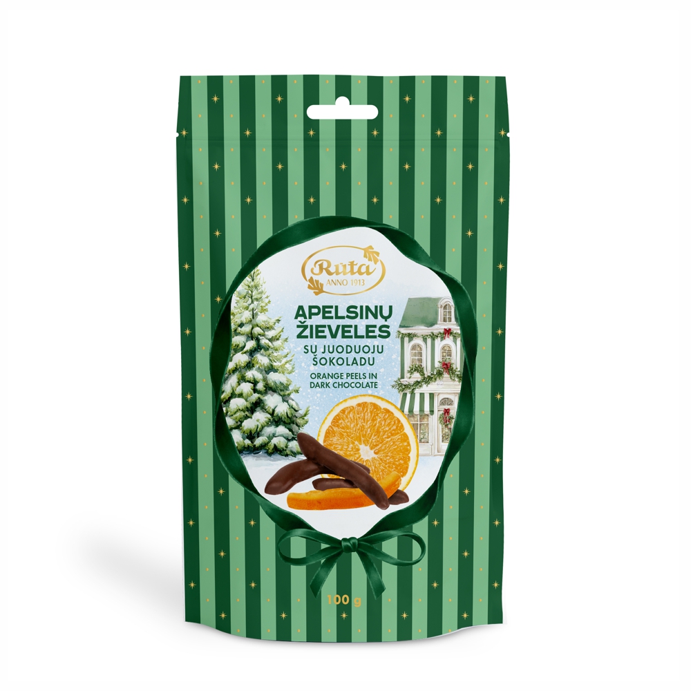 Apelsinų žievelės su juoduoju šokoladu (55 %), 100 g